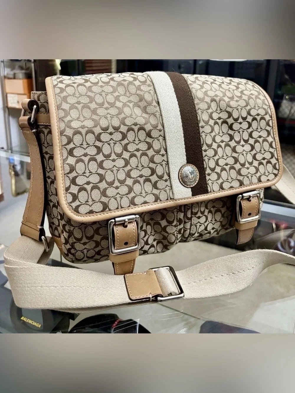 Coach Signature Canvas Crossbody Messenger in Khaki and Chalk with Brown Trim.